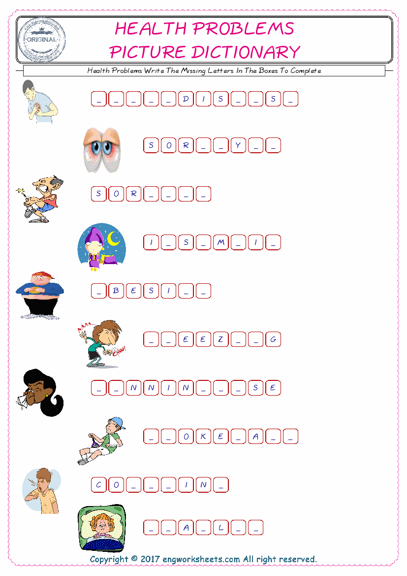  Type in the blank and learn the missing letters in the Health Problems words given for kids English worksheet. 